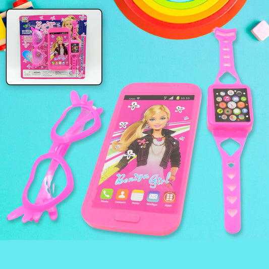 3247 Barbiee Phone, Watch and Glasses Set for Girls, Beautiful Barbie Musical phone ABS Plastic Toy Battery Operated Barbie Glass | Musical Mobile Phone  / Toddler / Toy Phone for Kids / Calling Toy Phone (3 Pcs Set, Battery Not Included)