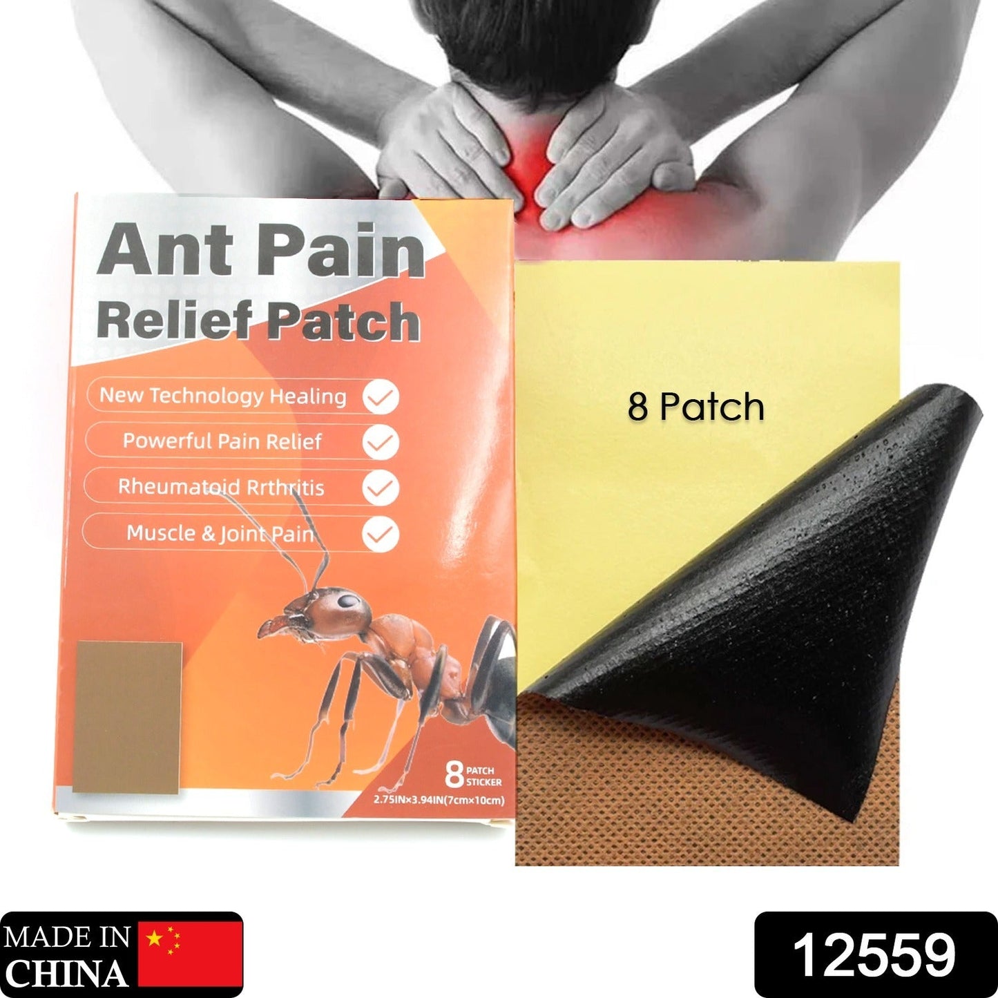 12559 Ant Pain Relief Patch - Pack of 8 Patches | Instant Relief from Muscular Pain & Joint Pain| Natural Pain Relief Patches | Powerful Pain Relief, No Side Effects