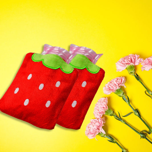 6516 Strawberry small Hot Water Bag with Cover for Pain Relief, Neck, Shoulder Pain and Hand, Feet Warmer, Menstrual Cramps.