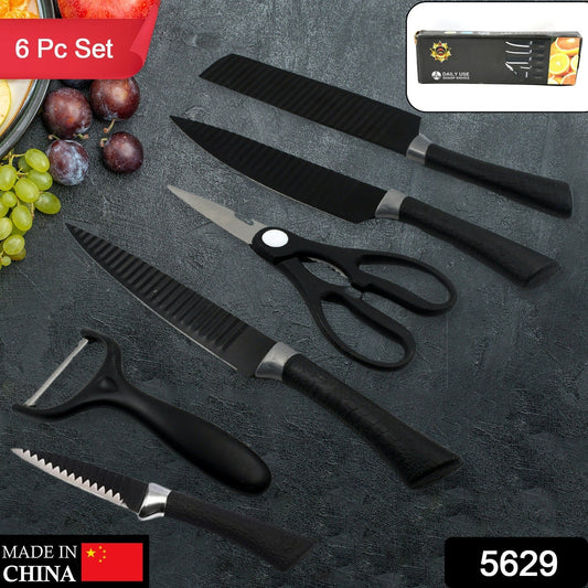 5629 6 Pieces Professional Kitchen Knife Set, Meat Knife, Chef's Knife with Non-Slip Handle for Home, Kitchen and Restaurant with Chef Peeler and Scissor (Stainless Steel / 6 Pcs Set)