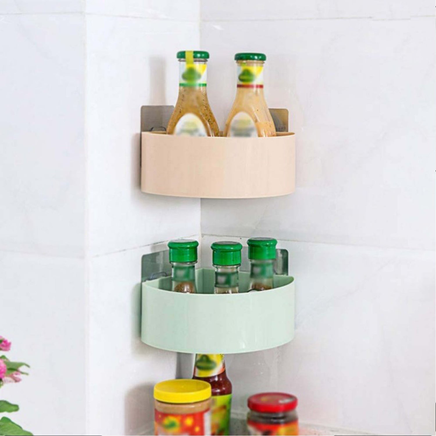 4033 Corner Shelf Bathroom Kitchen Rack Self Adhesive Shower Caddy Plastic Triangle Wall Mount Storage Basket Primerce